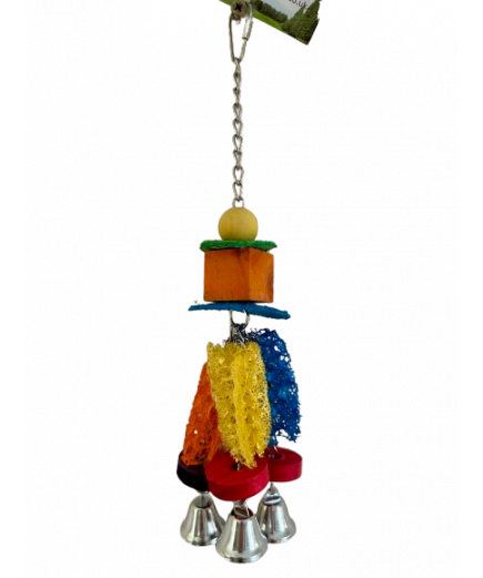 Parrot-Supplies Colourful Loofah Stacker With Three Bells Parrot Toy