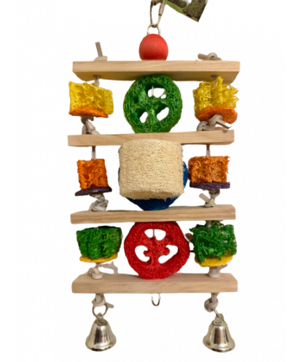 Parrot-Supplies Natural Wood and Loofah Stacker with Leather Rope Parrot Toy