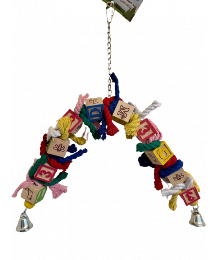 Parrot-Supplies Coloured Wooden Blocks With Soft Rope Hanger Parrot Toy